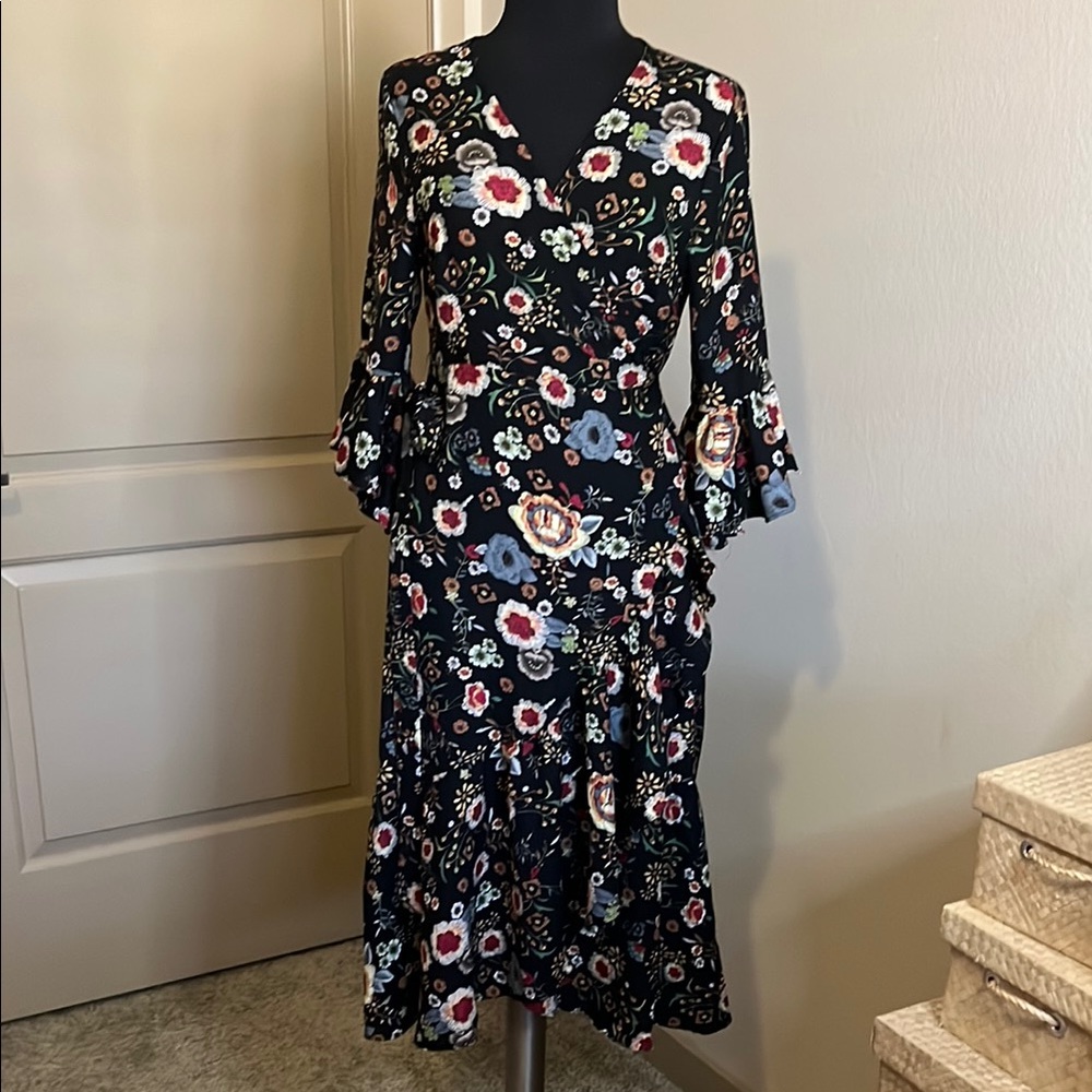 NWOT Umgee Floral Black Wrap Dress Ruffle trumpet sleeves